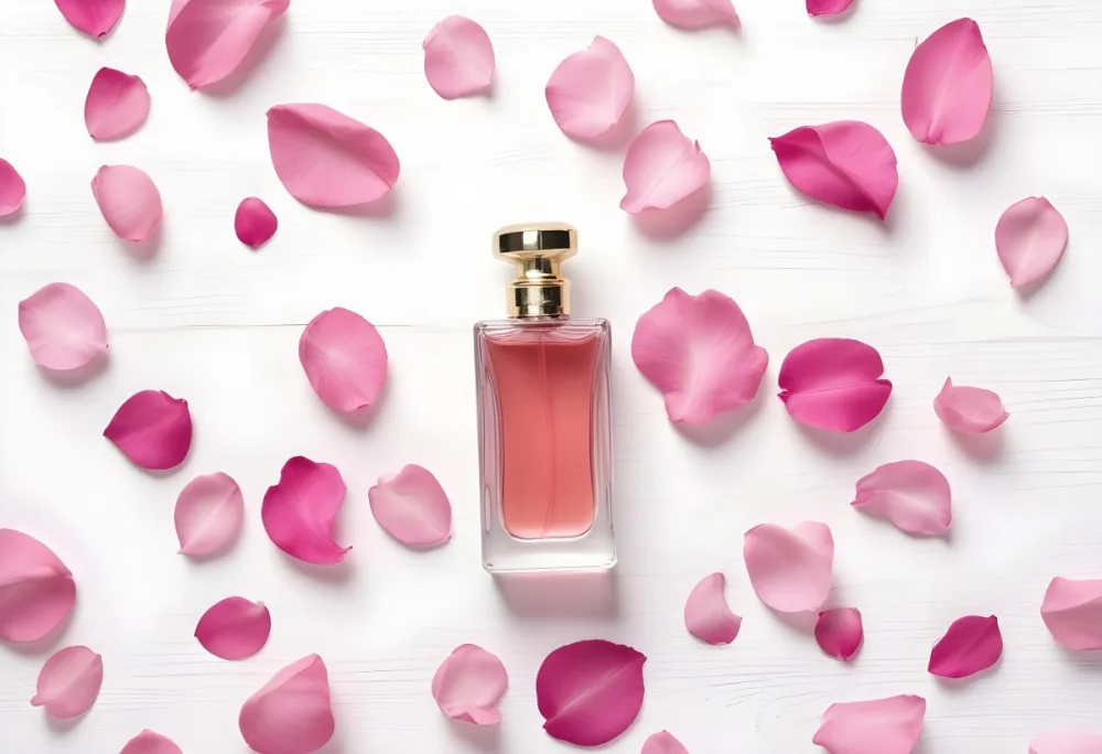 A Perfume Bottle With Pink Liquid Surrounded By Pink Flower Petals On A White Wooden Surface Elegant Luxury Beauty Fashion Floral Fragrance 10 C712