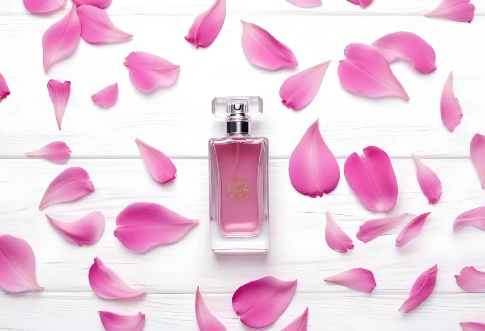 A Perfume Bottle With Pink Liquid Surrounded By Pink Flower Petals On A White Wooden Surface Elegant Luxury Beauty Fashion Floral Fragrance 12 Ac61