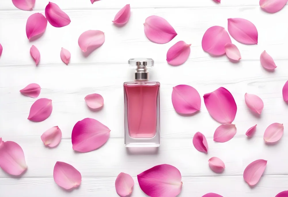 A Perfume Bottle With Pink Liquid Surrounded By Pink Flower Petals On A White Wooden Surface Elegant Luxury Beauty Fashion Floral Fragrance 13 80c6