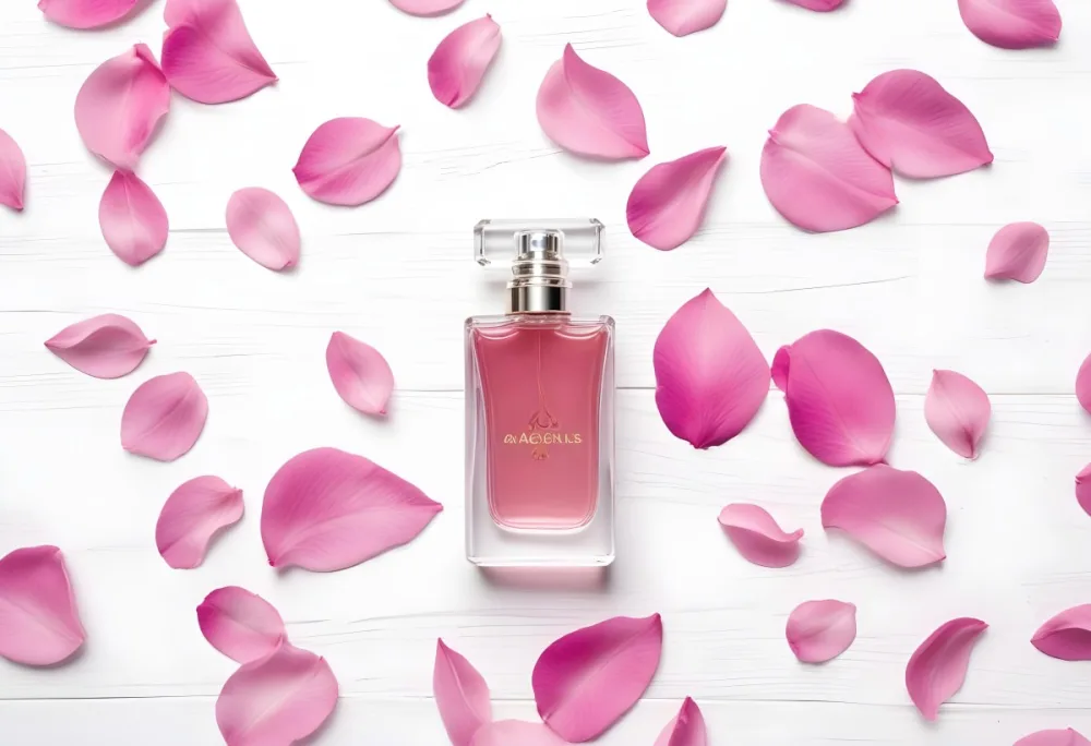 A Perfume Bottle With Pink Liquid Surrounded By Pink Flower Petals On A White Wooden Surface Elegant Luxury Beauty Fashion Floral Fragrance 14 Ecb7