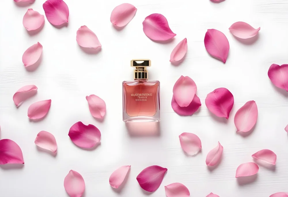 A Perfume Bottle With Pink Liquid Surrounded By Pink Flower Petals On A White Wooden Surface Elegant Luxury Beauty Fashion Floral Fragrance 19 3e81