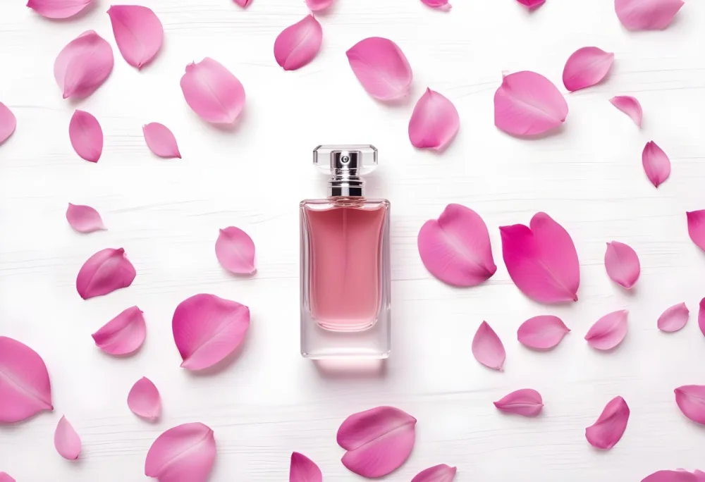 A Perfume Bottle With Pink Liquid Surrounded By Pink Flower Petals On A White Wooden Surface Elegant Luxury Beauty Fashion Floral Fragrance 20 9cb3