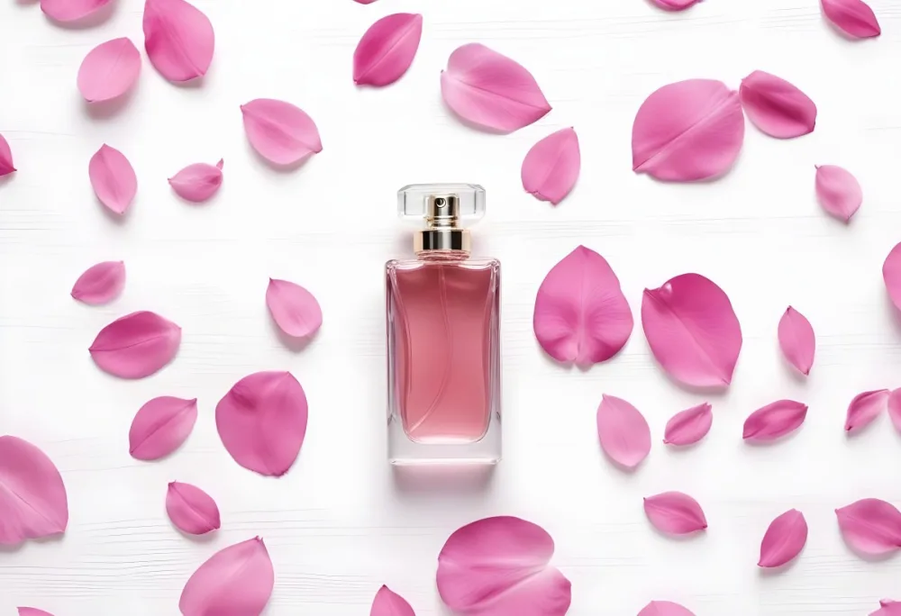 A Perfume Bottle With Pink Liquid Surrounded By Pink Flower Petals On A White Wooden Surface Elegant Luxury Beauty Fashion Floral Fragrance 24 Bbbe