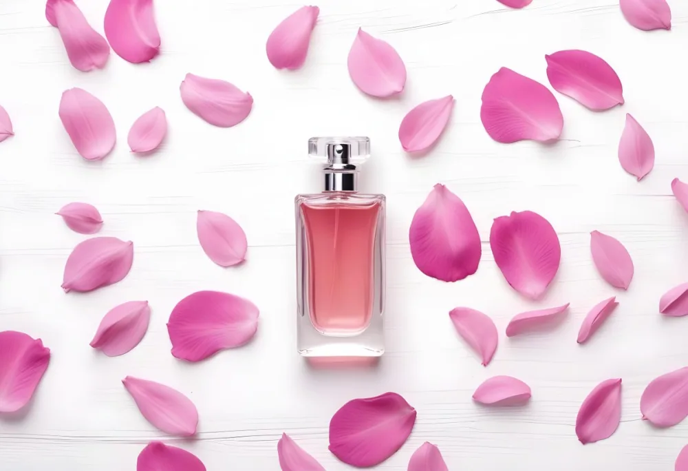 A Perfume Bottle With Pink Liquid Surrounded By Pink Flower Petals On A White Wooden Surface Elegant Luxury Beauty Fashion Floral Fragrance 27 4143