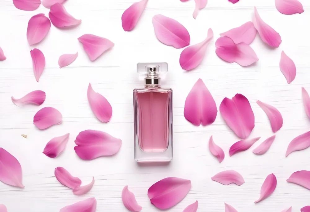 A Perfume Bottle With Pink Liquid Surrounded By Pink Flower Petals On A White Wooden Surface Elegant Luxury Beauty Fashion Floral Fragrance 3 07b7