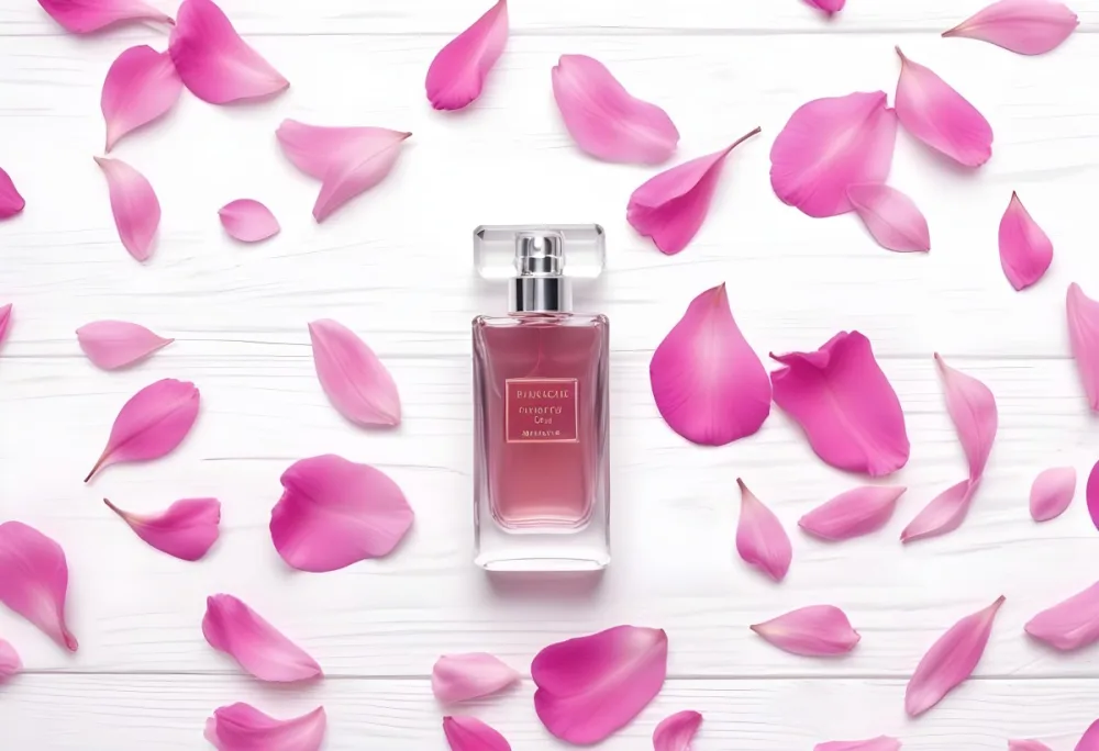 A Perfume Bottle With Pink Liquid Surrounded By Pink Flower Petals On A White Wooden Surface Elegant Luxury Beauty Fashion Floral Fragrance 31 10e5