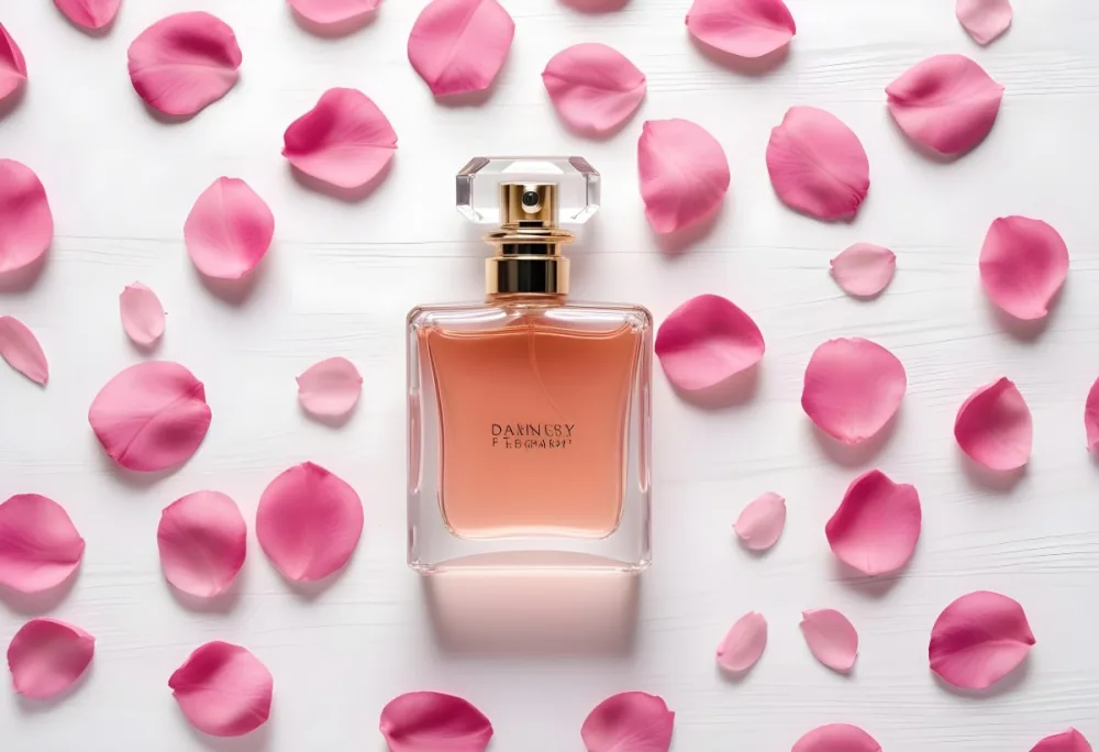 A Perfume Bottle With Pink Liquid Surrounded By Pink Flower Petals On A White Wooden Surface Elegant Luxury Beauty Fashion Floral Fragrance 33 Eed9