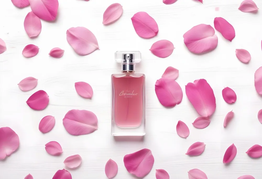 A Perfume Bottle With Pink Liquid Surrounded By Pink Flower Petals On A White Wooden Surface Elegant Luxury Beauty Fashion Floral Fragrance 34 01b2