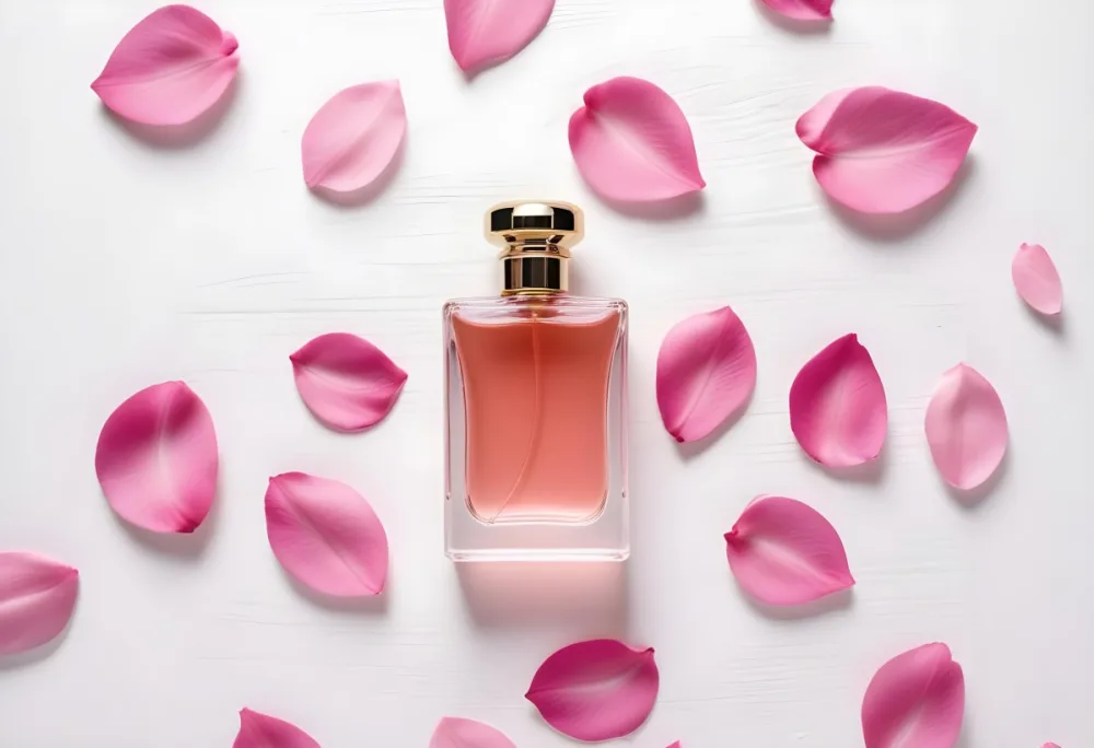 A Perfume Bottle With Pink Liquid Surrounded By Pink Flower Petals On A White Wooden Surface Elegant Luxury Beauty Fashion Floral Fragrance 35 E120