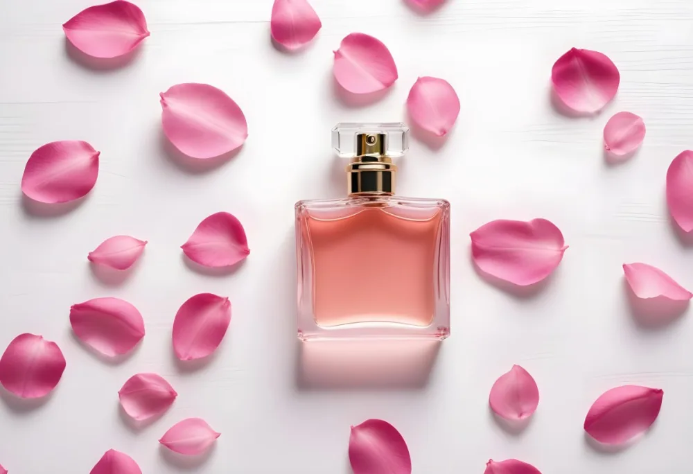 A Perfume Bottle With Pink Liquid Surrounded By Pink Flower Petals On A White Wooden Surface Elegant Luxury Beauty Fashion Floral Fragrance 41 15a6
