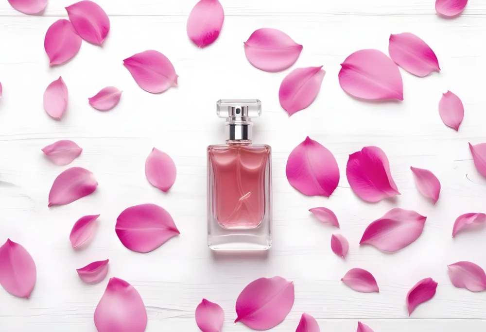 A Perfume Bottle With Pink Liquid Surrounded By Pink Flower Petals On A White Wooden Surface Elegant Luxury Beauty Fashion Floral Fragrance 9 2072