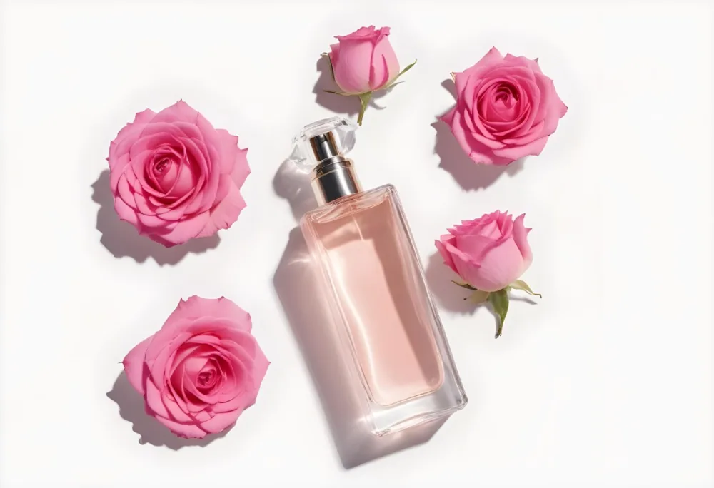 A Perfume Bottle With Pink Liquid Surrounded By Pink Roses On A White Background Studio Shot Product Photography Bright Lighting 40 96a3