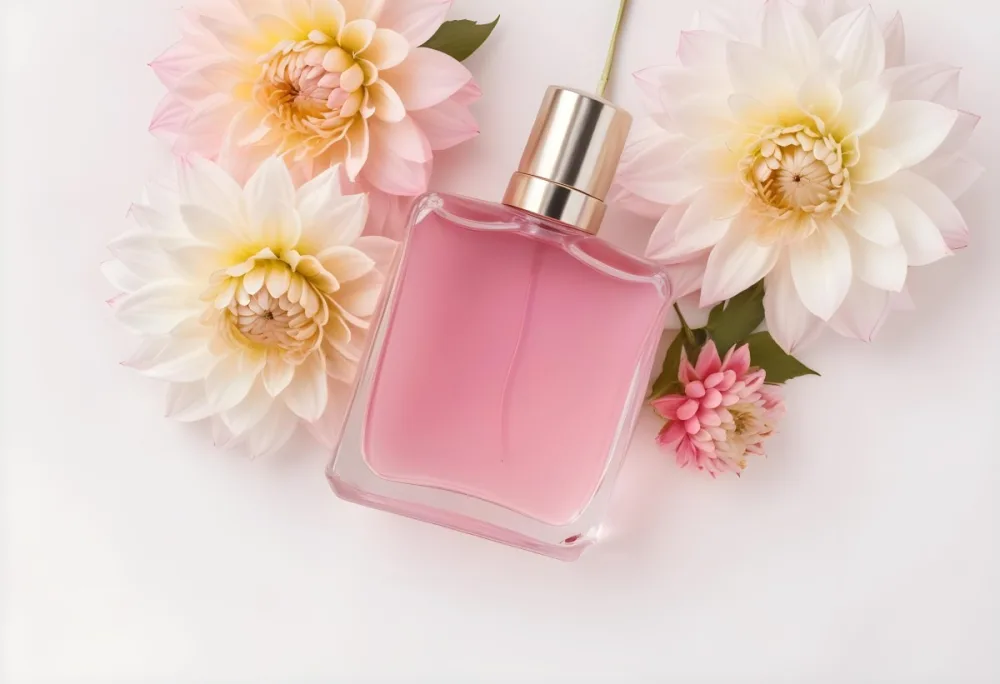 A Perfume Bottle With Pink Liquid Surrounded By White And Pink Dahlia Flowers On A White Silk Background White Cap Elegant Soft Lighting Beauty Product 32 F92d