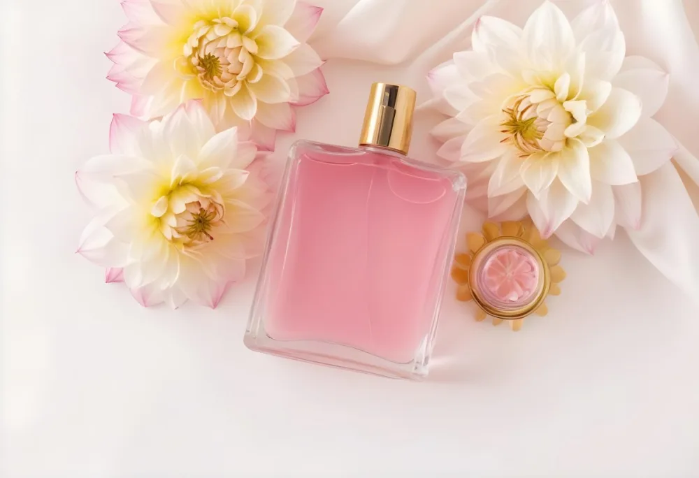 A Perfume Bottle With Pink Liquid Surrounded By White And Pink Dahlia Flowers On A White Silk Background White Cap Elegant Soft Lighting Beauty Product 74 D24a