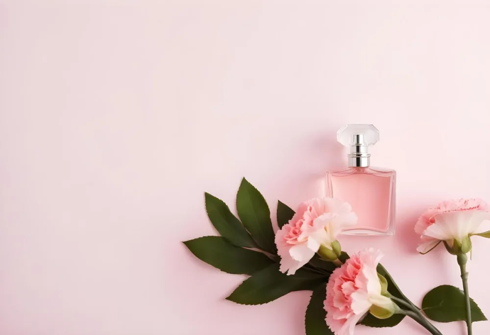 A Perfume Bottle With Pink Liquid Two Pink Carnations And Green Leaves On A Pink Background 27 655b