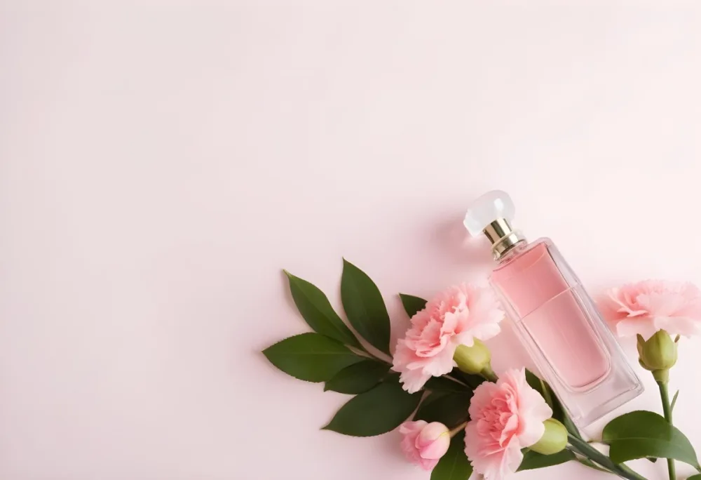 A Perfume Bottle With Pink Liquid Two Pink Carnations And Green Leaves On A Pink Background 33 0d54