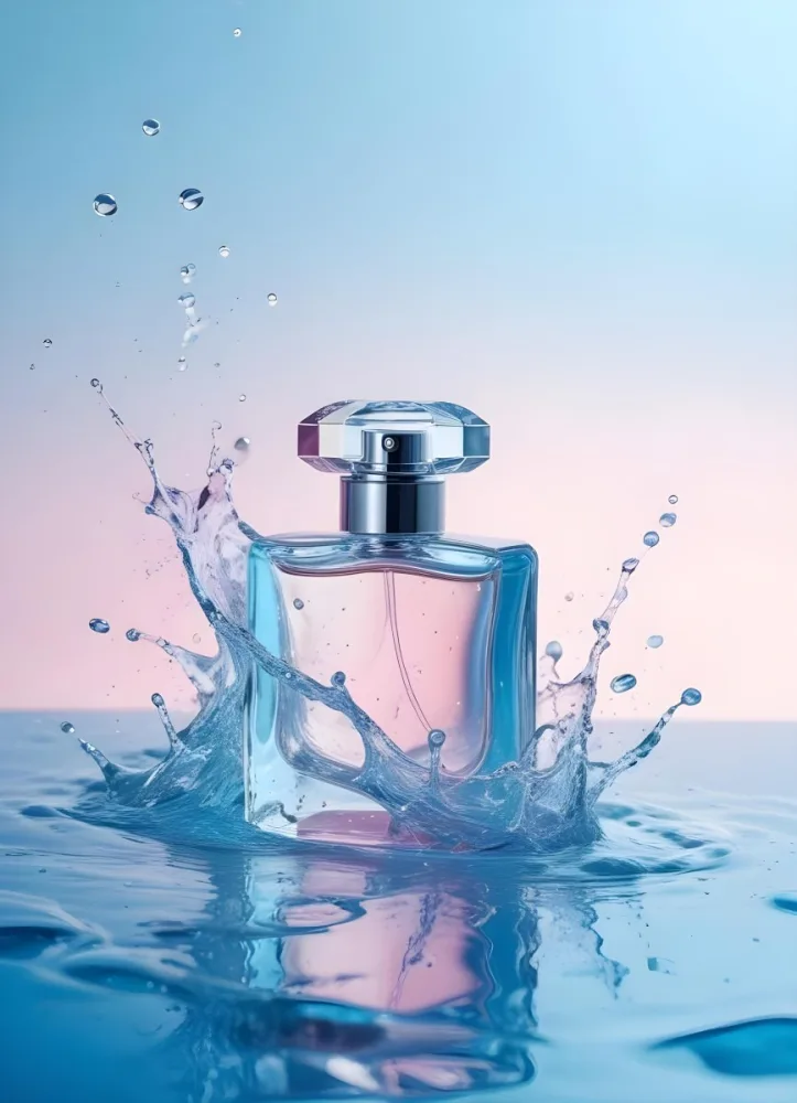 A Perfume Bottle With Water Splashing Around It Light Blue And Pink Background Product Photography Studio Shot Clean And Minimalist Style High Resolution Sharp Focus 10 B932