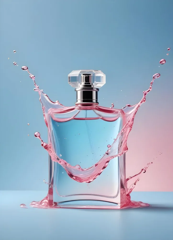 A Perfume Bottle With Water Splashing Around It Light Blue And Pink Background Product Photography Studio Shot Clean And Minimalist Style High Resolution Sharp Focus 13 9540