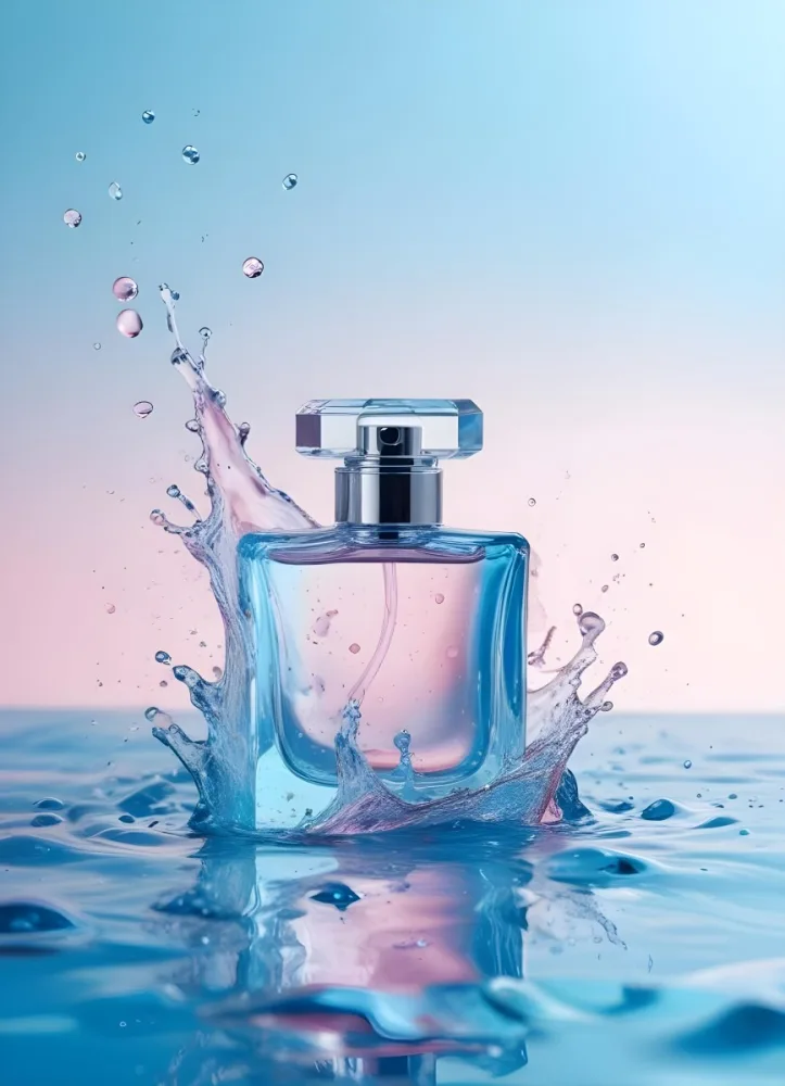 A Perfume Bottle With Water Splashing Around It Light Blue And Pink Background Product Photography Studio Shot Clean And Minimalist Style High Resolution Sharp Focus 26 Ac01