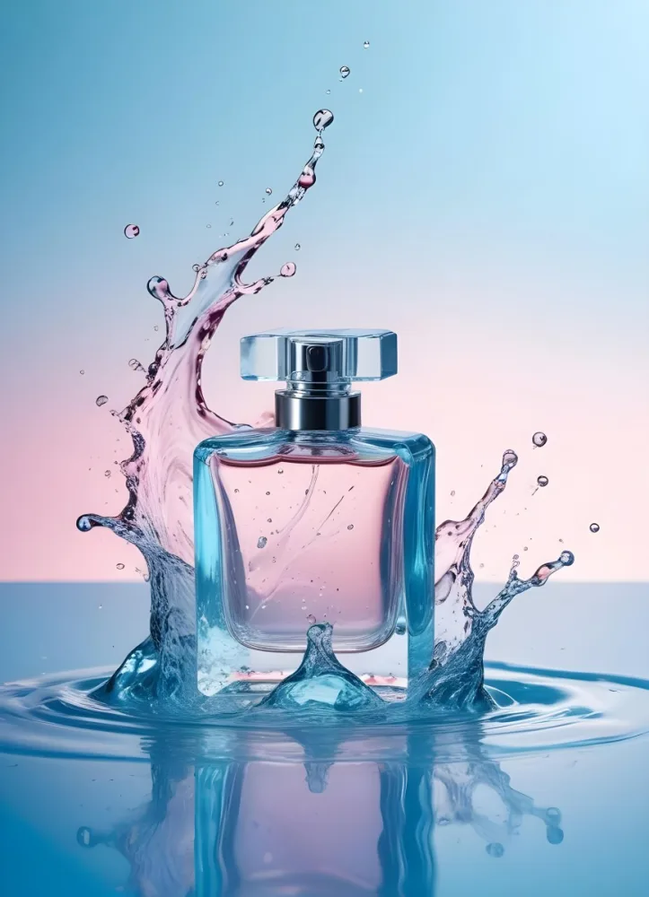 A Perfume Bottle With Water Splashing Around It Light Blue And Pink Background Product Photography Studio Shot Clean And Minimalist Style High Resolution Sharp Focus 30 D67f