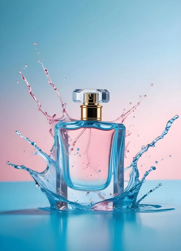 A Perfume Bottle With Water Splashing Around It Light Blue And Pink Background Product Photography Studio Shot Clean And Minimalist Style High Resolution Sharp Focus 42 8719