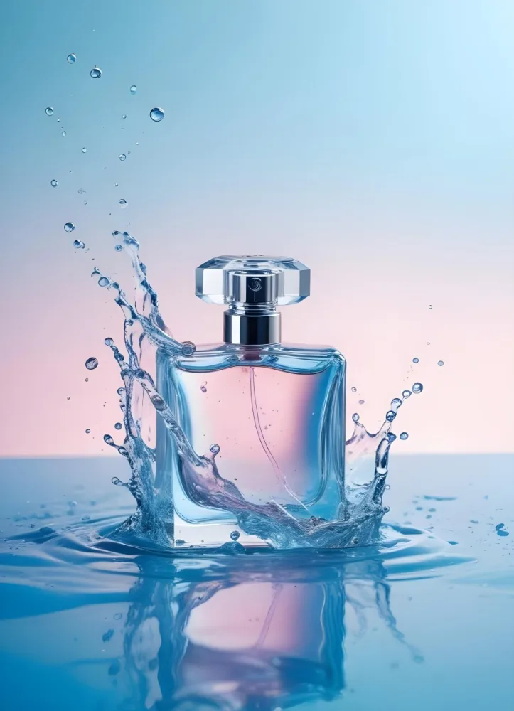 A Perfume Bottle With Water Splashing Around It Light Blue And Pink Background Product Photography Studio Shot Clean And Minimalist Style High Resolution Sharp Focus 43 1d4e