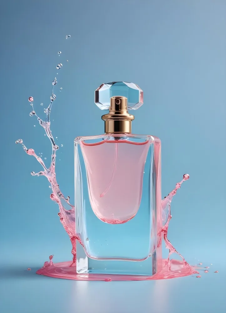 A Perfume Bottle With Water Splashing Around It Light Blue And Pink Background Product Photography Studio Shot Clean And Minimalist Style High Resolution Sharp Focus 5 3c4d
