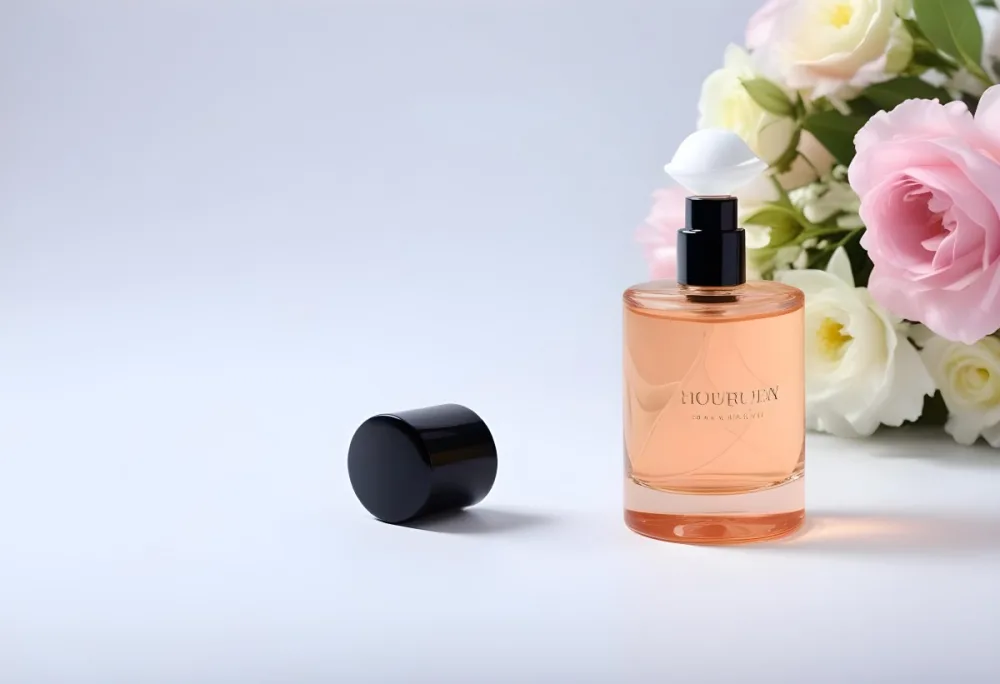 A Perfume Bottle With White Cap And Flowers In A Black Background 21 7dab