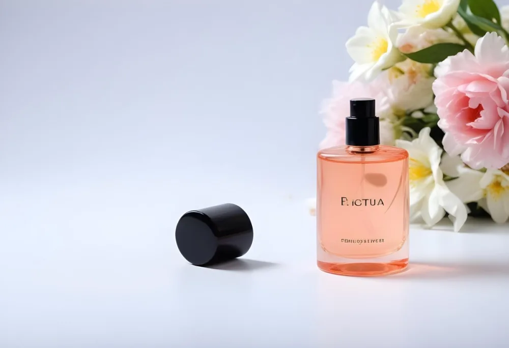 A Perfume Bottle With White Cap And Flowers In A Black Background 23 Ba76