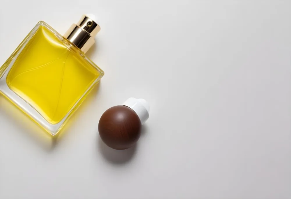 A Perfume Bottle With Yellow Liquid And A White Cap Next To The Cap On A White Surface 20 7e07
