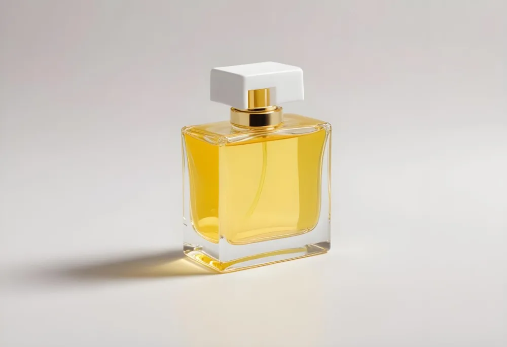 A Perfume Bottle With Yellow Liquid And A White Cap Next To The Cap On A White Surface 30 Bc35