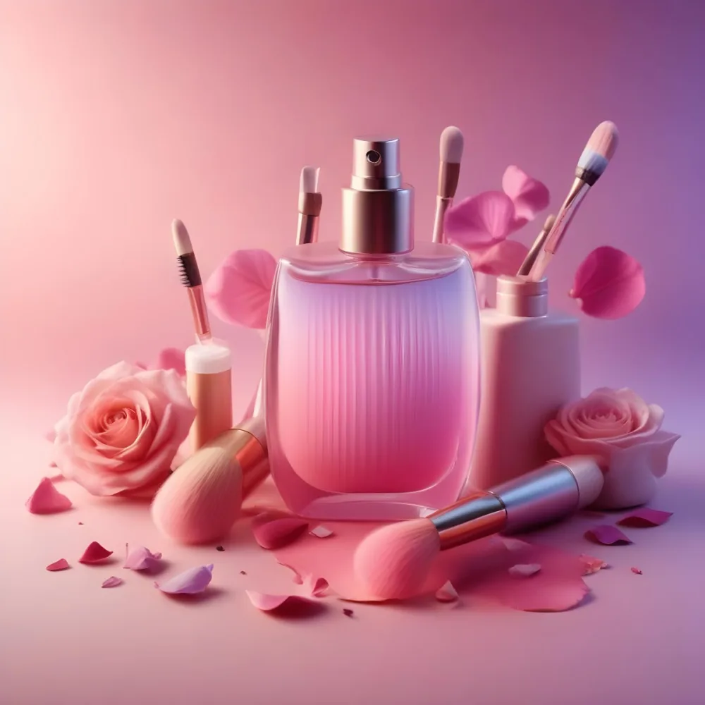 A Pink And Purple Perfume Bottle Surrounded By Rose Petals Makeup Brushes And Other Cosmetic Products On A Pink And Purple Gradient Background 1 01e1