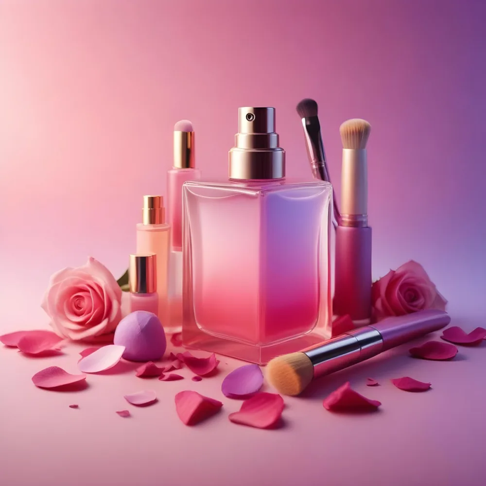 A Pink And Purple Perfume Bottle Surrounded By Rose Petals Makeup Brushes And Other Cosmetic Products On A Pink And Purple Gradient Background 14 Bcd4