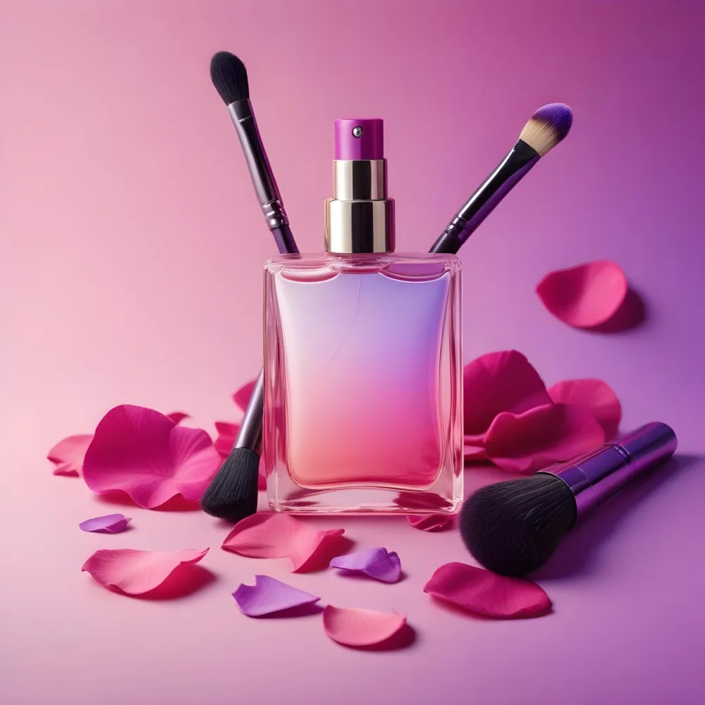 A Pink And Purple Perfume Bottle Surrounded By Rose Petals Makeup Brushes And Other Cosmetic Products On A Pink And Purple Gradient Background 4 5866