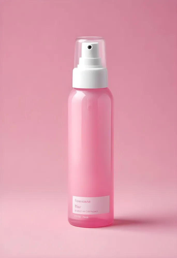 A Pink Body Spray Bottle With A White Cap And A Pink Label On A Pink Background 22 E25b