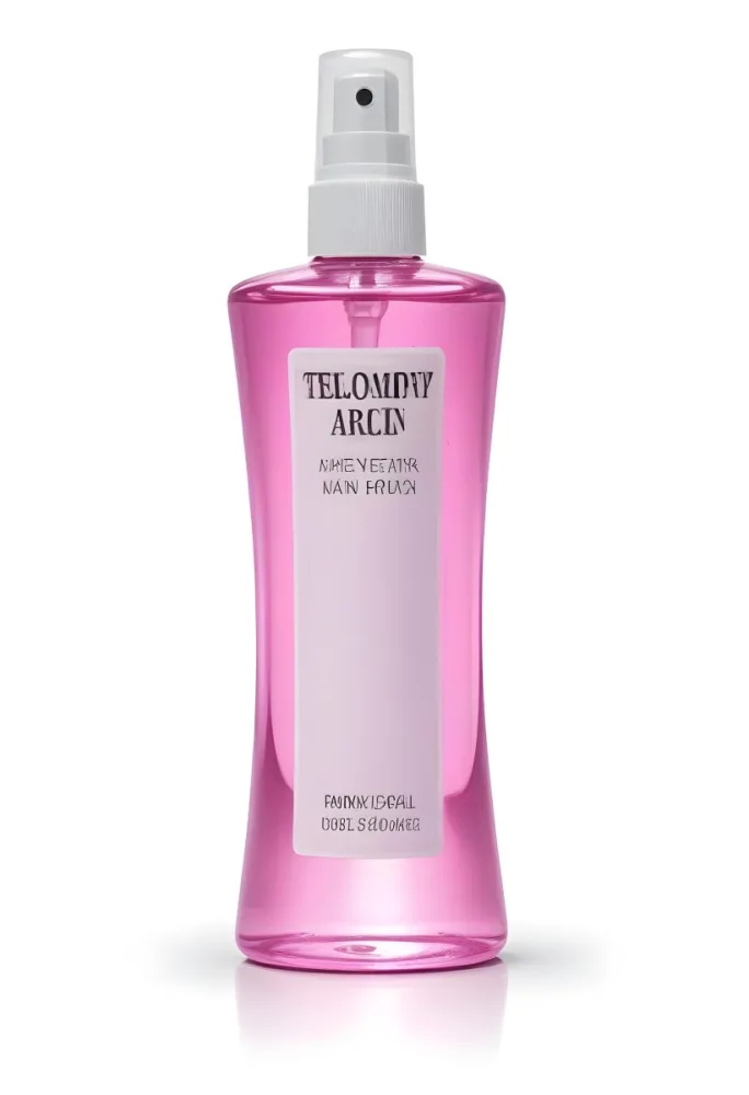A Pink Body Spray Bottle With A White Cap And A Pink Label On A Pink Background 30 067f