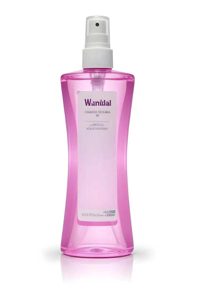 A Pink Body Spray Bottle With A White Cap And A Pink Label On A Pink Background 36 11f2