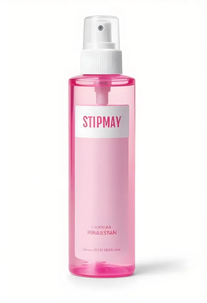 A Pink Body Spray Bottle With A White Cap And A Pink Label On A Pink Background 8 Fca7