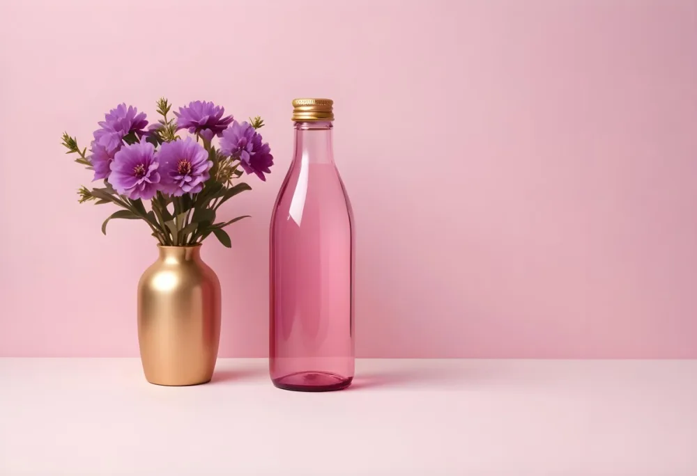 A Pink Bottle With A Golden Cap And Purple Flowers On A Pink Background Product Photography Studio Shot Soft Lighting Minimalist Composition Clean Aesthetic 10 D91d