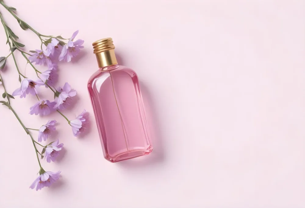 A Pink Bottle With A Golden Cap And Purple Flowers On A Pink Background Product Photography Studio Shot Soft Lighting Minimalist Composition Clean Aesthetic 12 5bda
