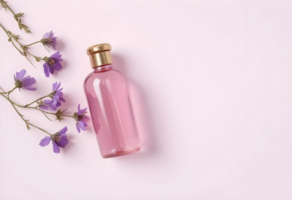 A Pink Bottle With A Golden Cap And Purple Flowers On A Pink Background Product Photography Studio Shot Soft Lighting Minimalist Composition Clean Aesthetic 15 A86a