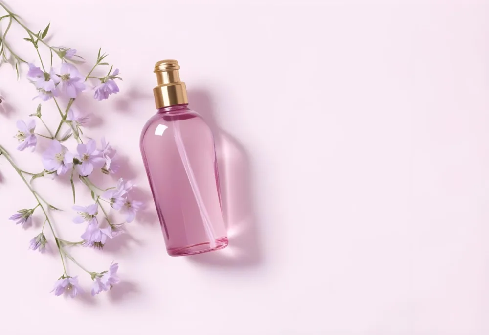 A Pink Bottle With A Golden Cap And Purple Flowers On A Pink Background Product Photography Studio Shot Soft Lighting Minimalist Composition Clean Aesthetic 3 0e91