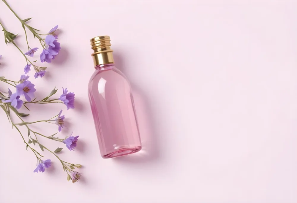 A Pink Bottle With A Golden Cap And Purple Flowers On A Pink Background Product Photography Studio Shot Soft Lighting Minimalist Composition Clean Aesthetic 35 7f46