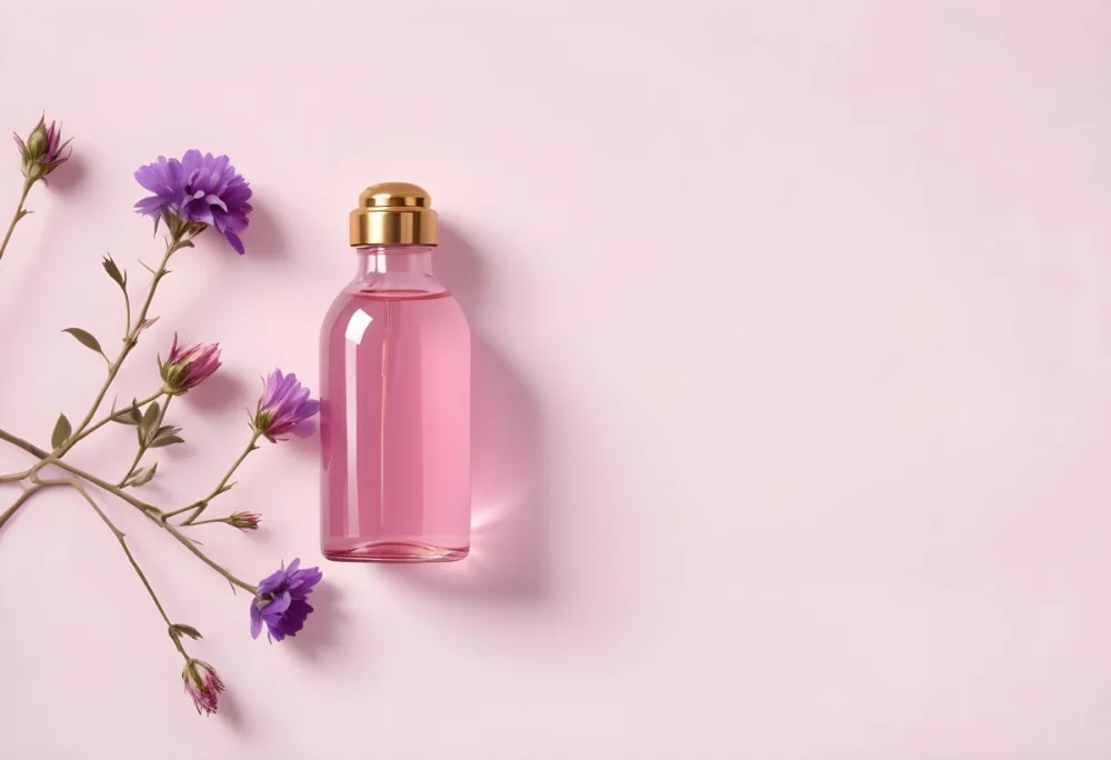 A Pink Bottle With A Golden Cap And Purple Flowers On A Pink Background Product Photography Studio Shot Soft Lighting Minimalist Composition Clean Aesthetic 5 D167