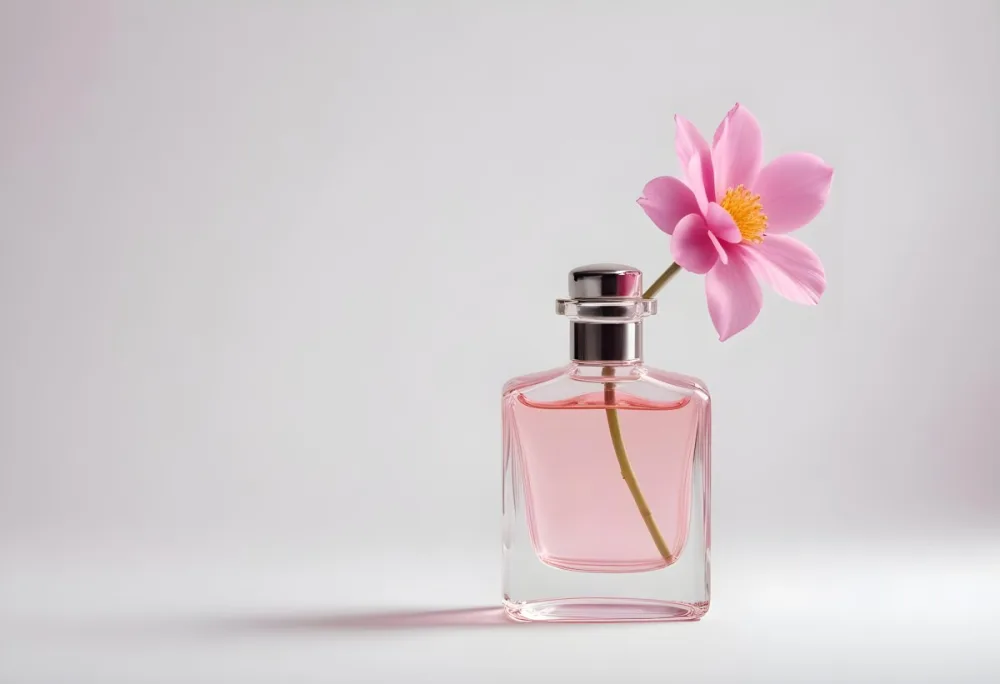 A Pink Flower Inside A Glass Perfume Bottle With Some Petals Around It On A White Background 38 B8c5