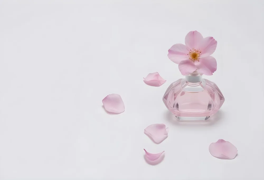 A Pink Flower Inside A Glass Perfume Bottle With Some Petals Around It On A White Background 69 C2ee
