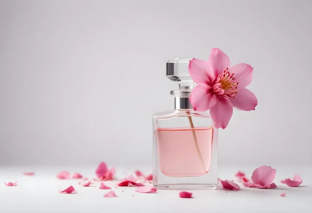 A Pink Flower Inside A Glass Perfume Bottle With Some Petals Around It On A White Background 7 5b65