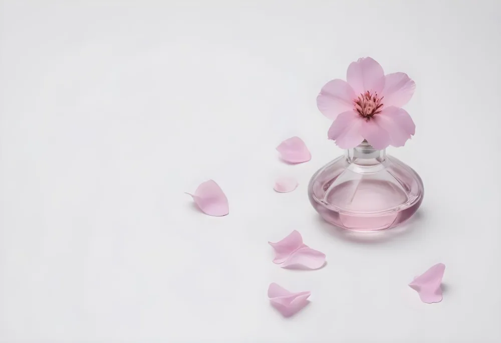 A Pink Flower Inside A Glass Perfume Bottle With Some Petals Around It On A White Background 70 F799