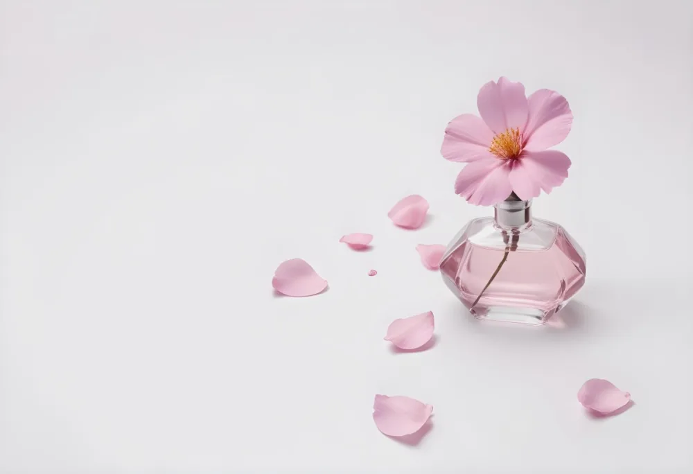 A Pink Flower Inside A Glass Perfume Bottle With Some Petals Around It On A White Background 8 53c5