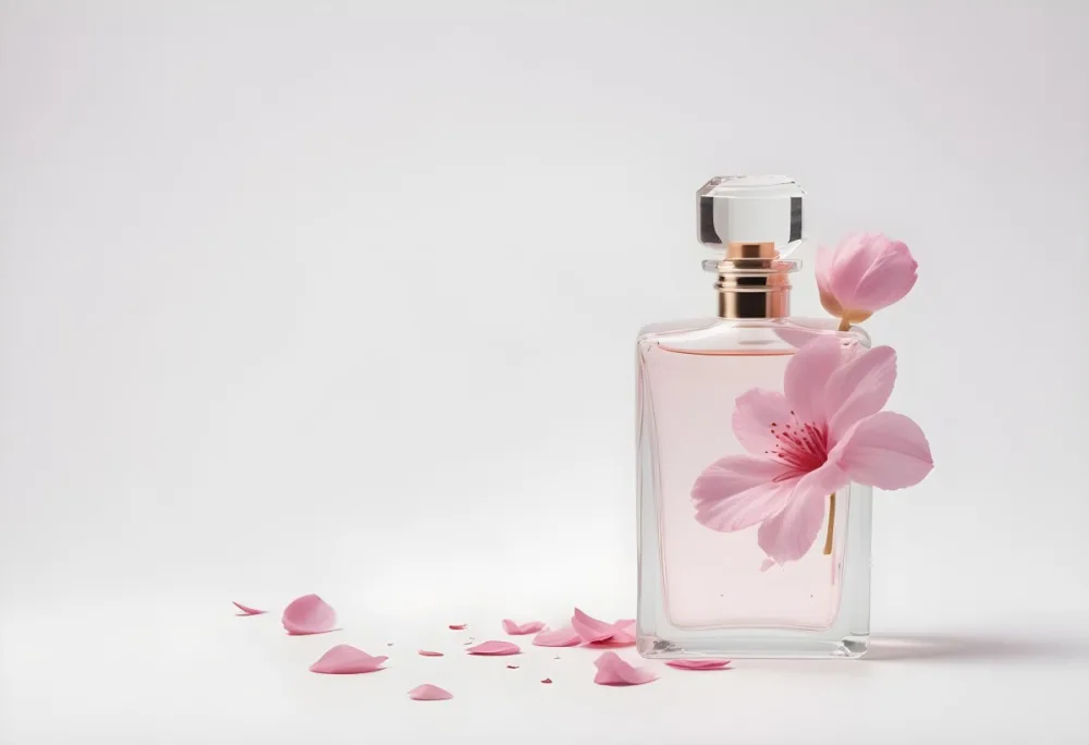 A Pink Flower Inside A Glass Perfume Bottle With Some Petals Around It On A White Background 9 5d6f